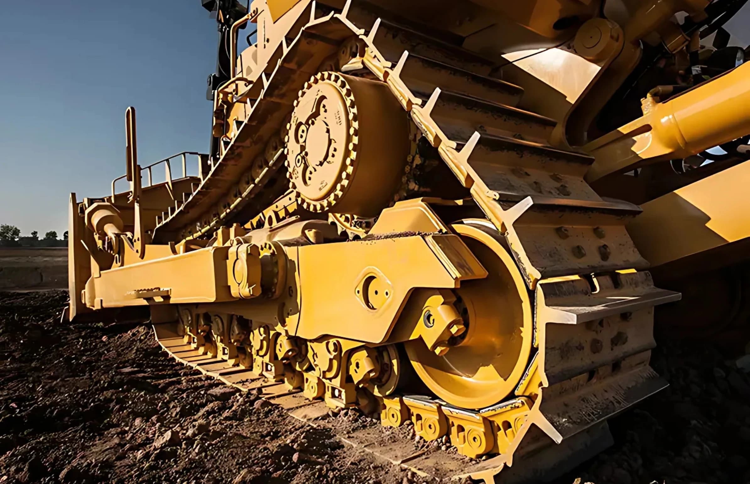 Heavy crawler bulldozer undercarriage on active mining site